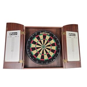 Vintage Unicorn Dart Board in Solid Oak Wood Cabinet In Very Good Condition.